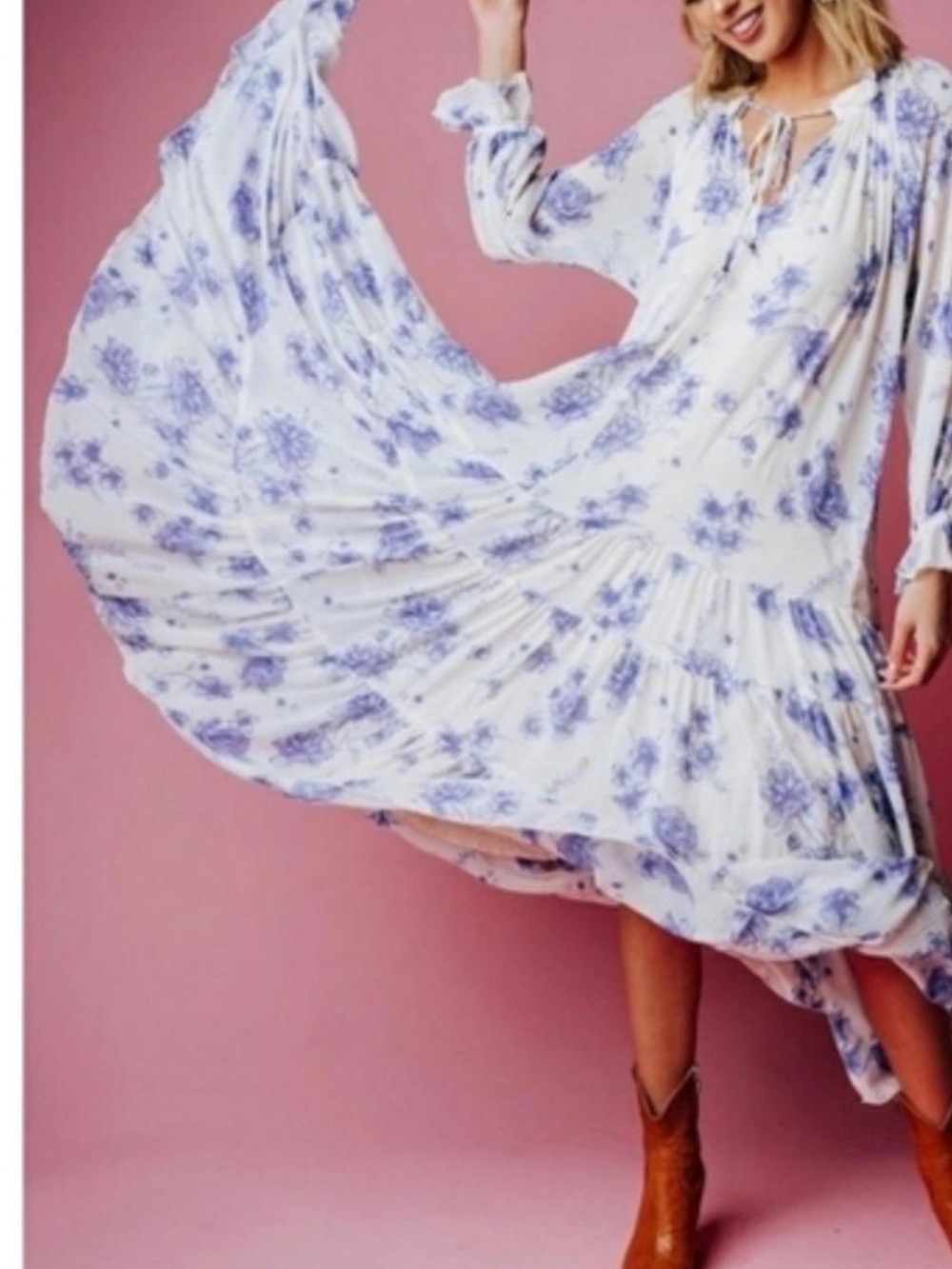 Free People White Maxi Dress with Light Blue Floral Print